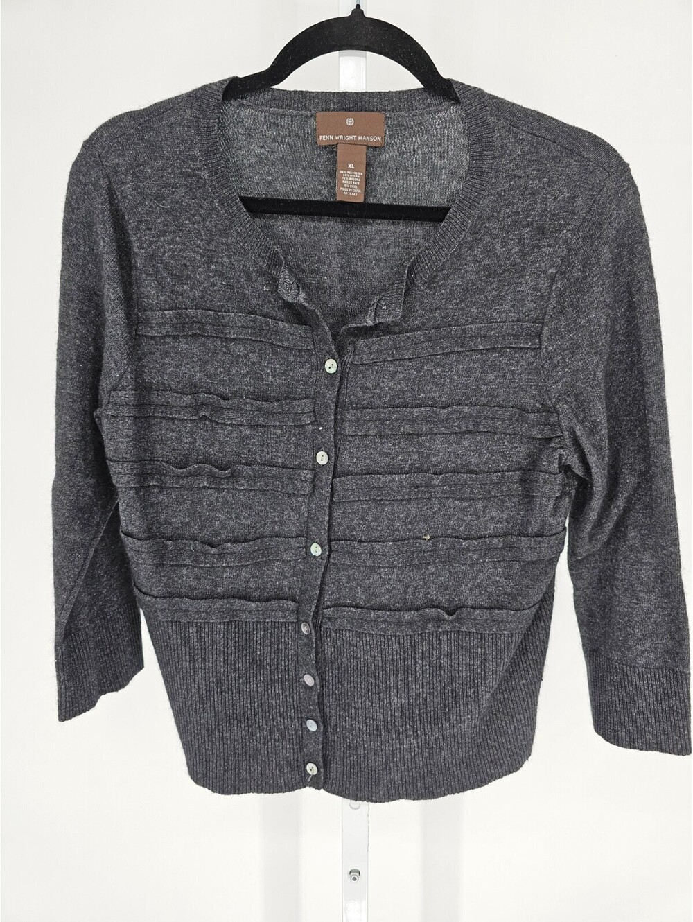 Fenn Wright Manson Womens Sz XL Button Up Cardigan Sweater Charcoal Gray Ruffled